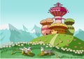 Children illustration of a fairy tale mushroom colorful castle on the hills against a background of mountains